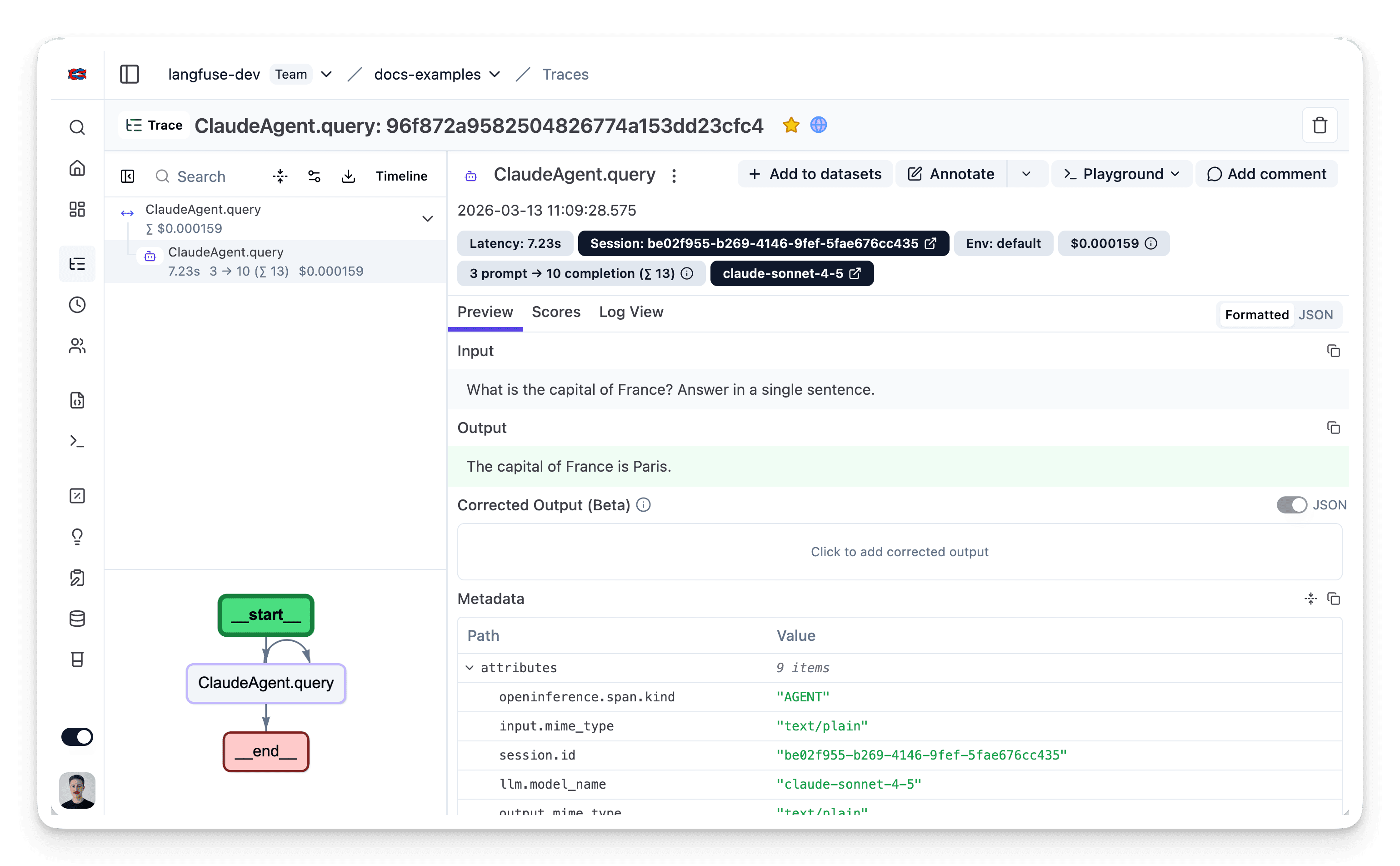 Claude Agent SDK JS/TS example trace in Langfuse